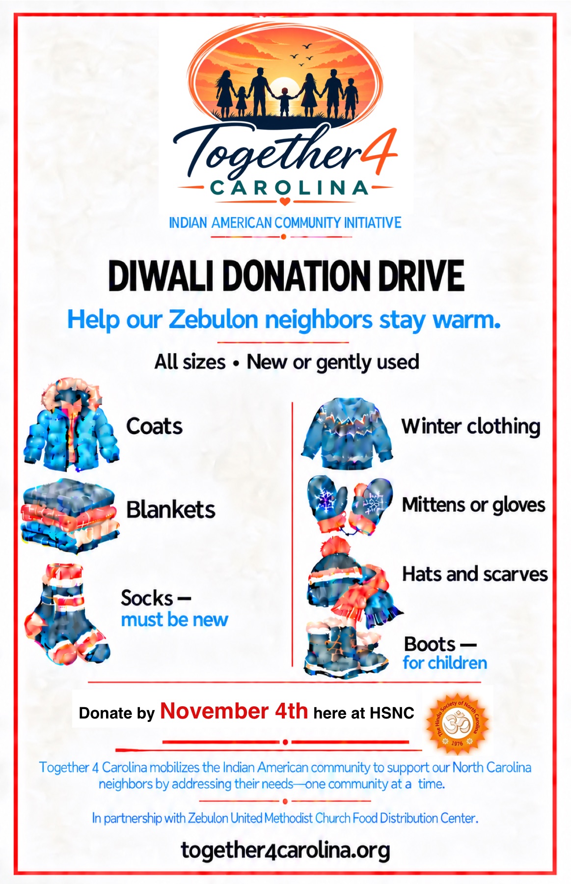 Diwali Donation Drive flyer: donate winter clothes by November 4th at HSNC
