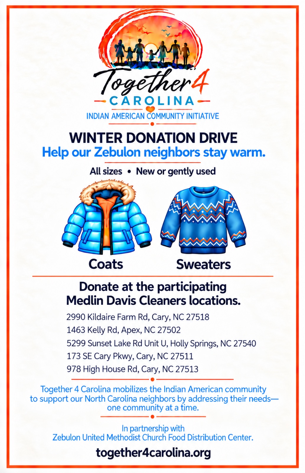 Winter Donation Drive flyer: donate coats and sweaters at participating Medlin Davis Cleaners locations