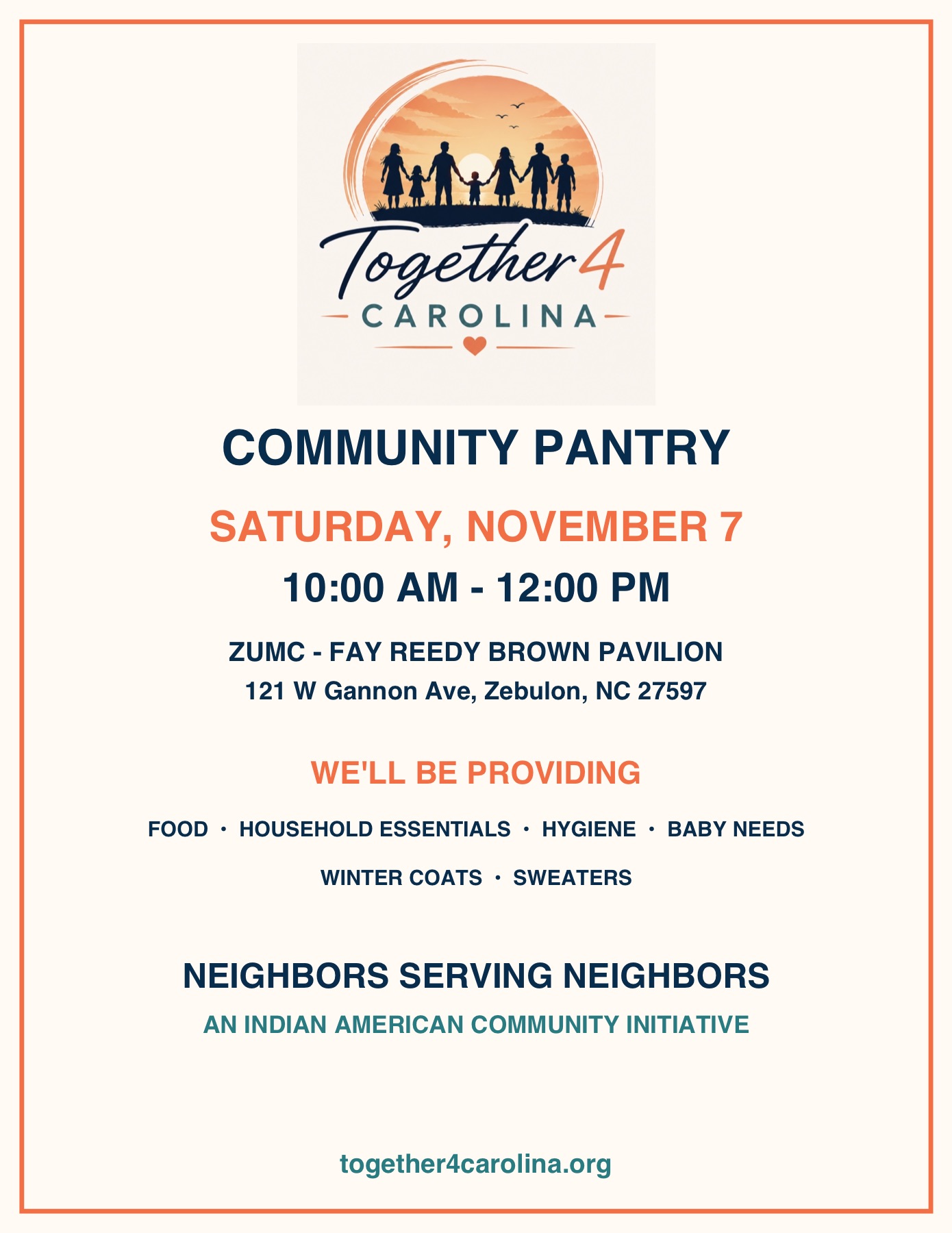 Community Pantry poster for Saturday, November 7 from 10:00 AM to 12:00 PM in Zebulon